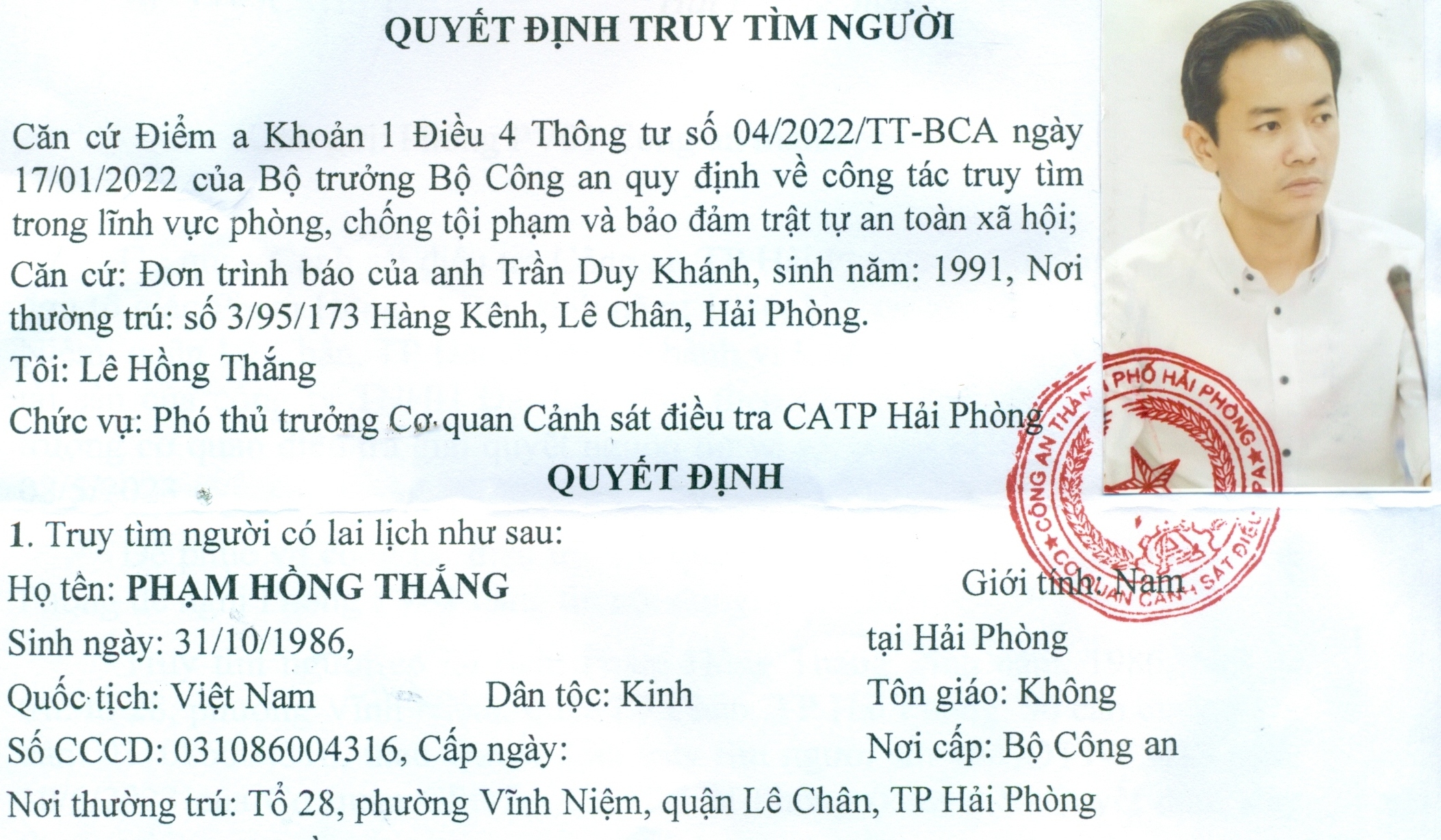 Cơ quan Cảnh sát điều tra Công an TP Hải Phòng thông báo quyết định truy tìm người